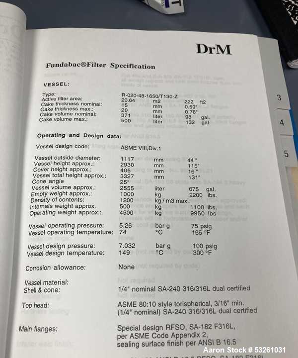 Used DrM Dr. Mueller AG Fundabac Pressure Funda Filter – 222 Sq. Ft. 316L Stainless Steel Candle Filter System