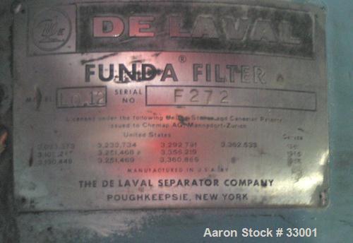 Used Delaval Funda Filter, model LO.12. Approximately (.12) Square Meter, 316 Stainless Steel. Bolt on top and coned bottom sections. Internal rated 75 psi at 300 deg.f., jacket rated 50 psi at 300 d...
