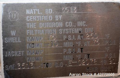 Used Duriron Dry Cake Horizontal Pressure Leaf Filter, Type DHC, Model 48DHC225, Carbon Steel. 225 Square feet (20.9 square meter). (15) 36’’ x 36’’ 304 Stainless steel vertical filters, spaced 3’’ a...