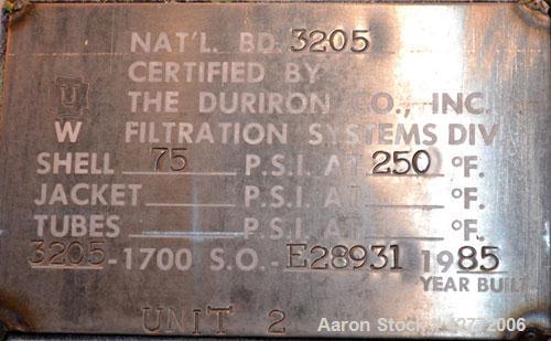 Used Duriron Dry Cake Horizontal Pressure Leaf Filter, Type DHC, Model 48DHC225, Carbon Steel. 225 Square feet (20.9 square meter). (15) 36’’ x 36’’ 304 Stainless steel vertical filters, spaced 3’’ a...