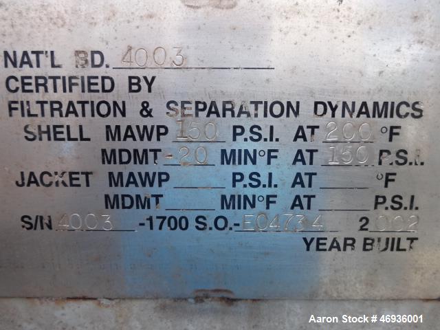 Used Filtration & Separation Dynamics Pressure Filter.  Model 60DHC506. "Dry Cake Discharge"  316 Stainless steel shell and (20) leaves.  4" spacing.  Horizontal. Internal rated 150 psi @ 200 deg F. ...