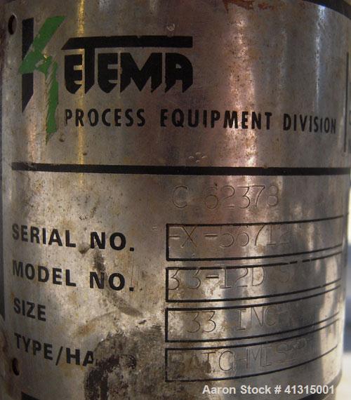Used Ketema Horizontal Plate Filter, Model 33-12D S/J, 316 Stainless Steel. 74.44 square feet filter area, 10.08 cubic feet cake capacity. Non-jacketed vertical tank 36" diameter x 32" deep, internal...