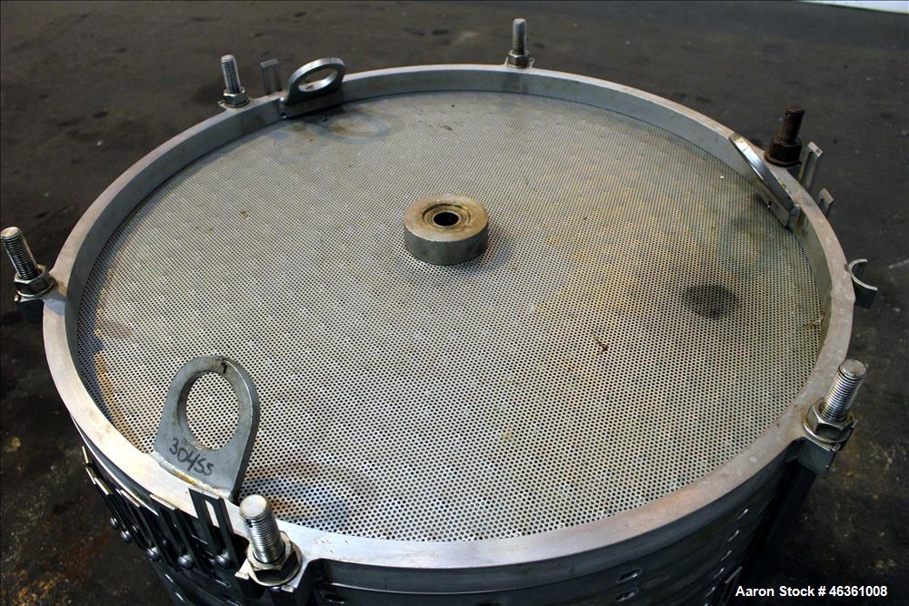 Used LFC Lochem Horizontal Plate Filter, Type Level Leaf 1100/1000/14/24, 304 Stainless Steel. Approximately 80 square feet filter area, 10 cubic feet cake capacity. Vertical non-jacketed tank 42-3/4...