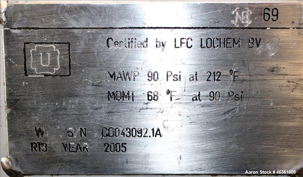 Used LFC Lochem Horizontal Plate Filter, Type Level Leaf 1100/1000/14/24, 304 Stainless Steel. Approximately 80 square feet filter area, 10 cubic feet cake capacity. Vertical non-jacketed tank 42-3/4...