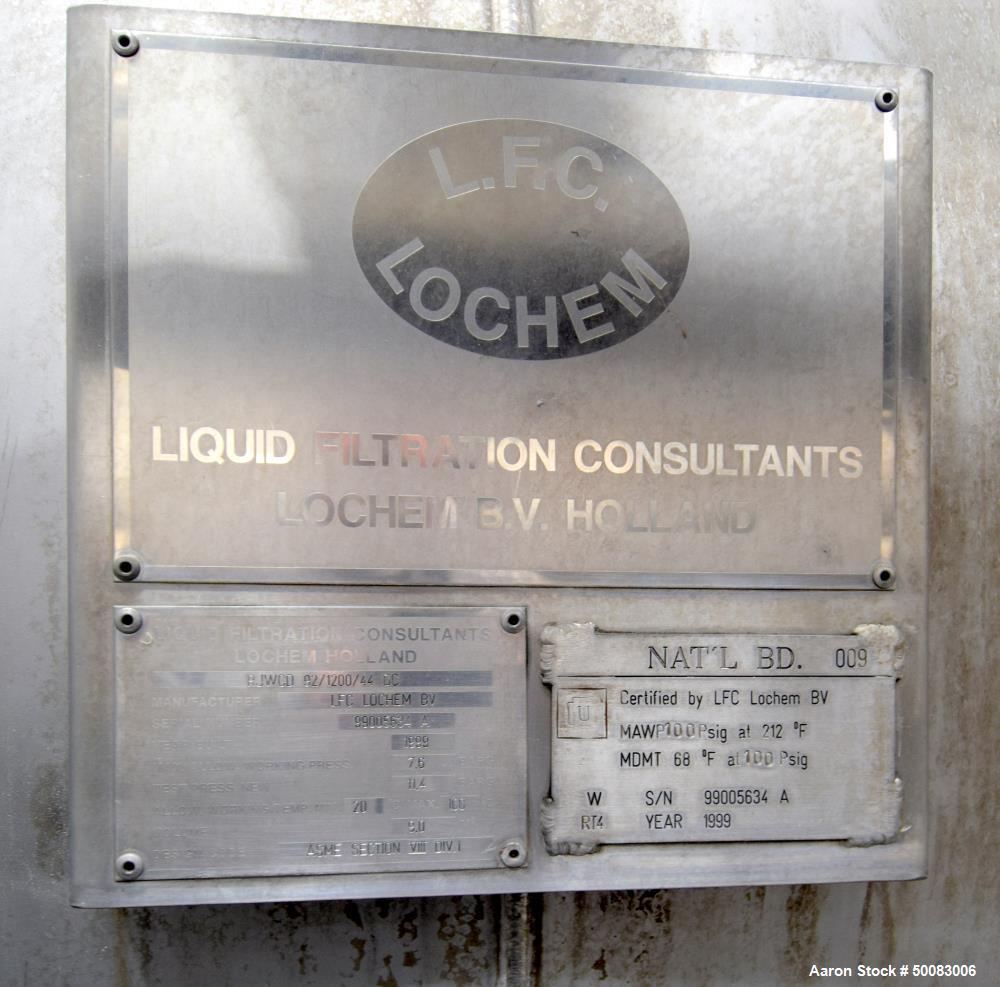 Used LFC Lochem Roto Jet Wet Cake Discharge Filter, Approximate 990 Square Feet Filter Area, Model RJWCD 92/1200/44 DC, Duplex Stainless Steel. Approximate (44) 1200mm (47.2") diameter vertical filte...