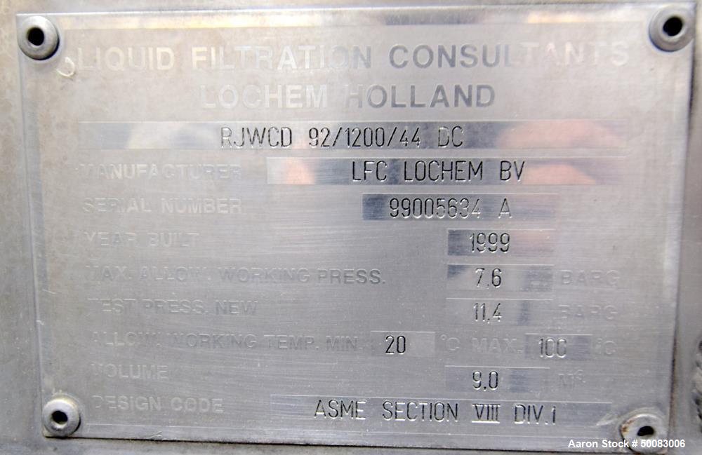 Used LFC Lochem Roto Jet Wet Cake Discharge Filter, Approximate 990 Square Feet Filter Area, Model RJWCD 92/1200/44 DC, Duplex Stainless Steel. Approximate (44) 1200mm (47.2") diameter vertical filte...
