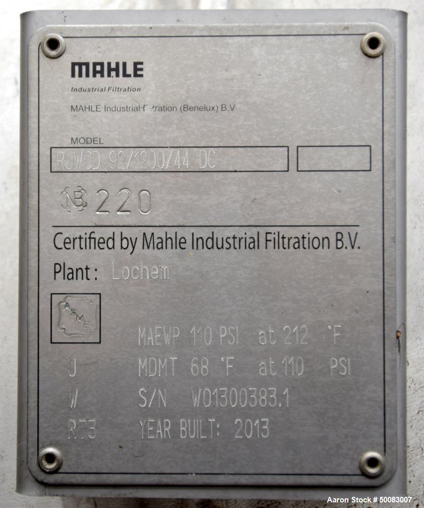Used Mahle Industrial Filtration LFC Lochem Roto Jet Wet Cake Discharge Filter, Approximate 990 Square Feet Filter Area, Model RJWCD 92/1200/44 DC, 316L Stainless Steel. Approximate (44) 1200mm (47.2...