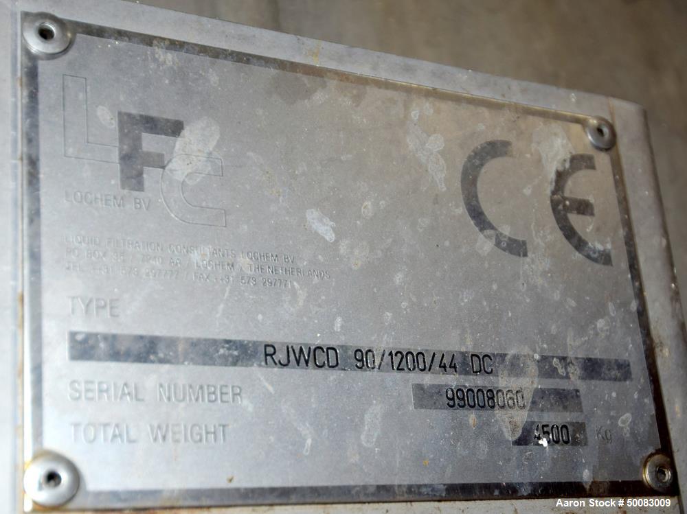 Used LFC Lochem Roto Jet Wet Cake Discharge Filter, Approximate 990 Square Feet Filter Area, Model RJWCD 92/1200/44 DC, Duplex Stainless Steel. Approximate (44) 1200mm (47.2") diameter vertical filte...