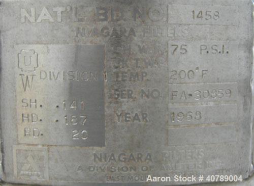 Used Niagara Pressure Leaf Filter, Model 18-16-D, 316 Stainless Steel.  Approximate 28.62 square feet of filter area, 3.88 cubic feet cake capacity.  Vertical 316 stainless steel tank, 20" diameter x...