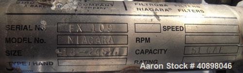 Used Niagara Horizontal Plate Filter, Model 18-24-S7J, 316 stainless steel. 44.78 square feet filter area, 3.24 cubic feet cake capacity. Vertical tank 20" diameter x 39" deep, internal rated fv-100 ...