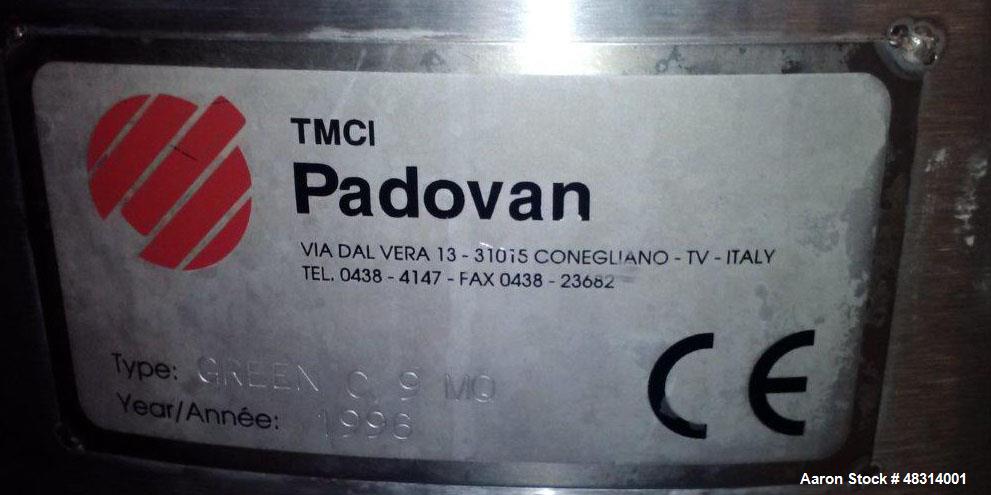 Used Padovan Pressure Leaf Filter, Model G9. Sanitary stainless steel, 8.60 square meter (90 square feet) centrifugal dry cake discharge vertical tank, horizontal leaf pack design with a 3 kW top dri...