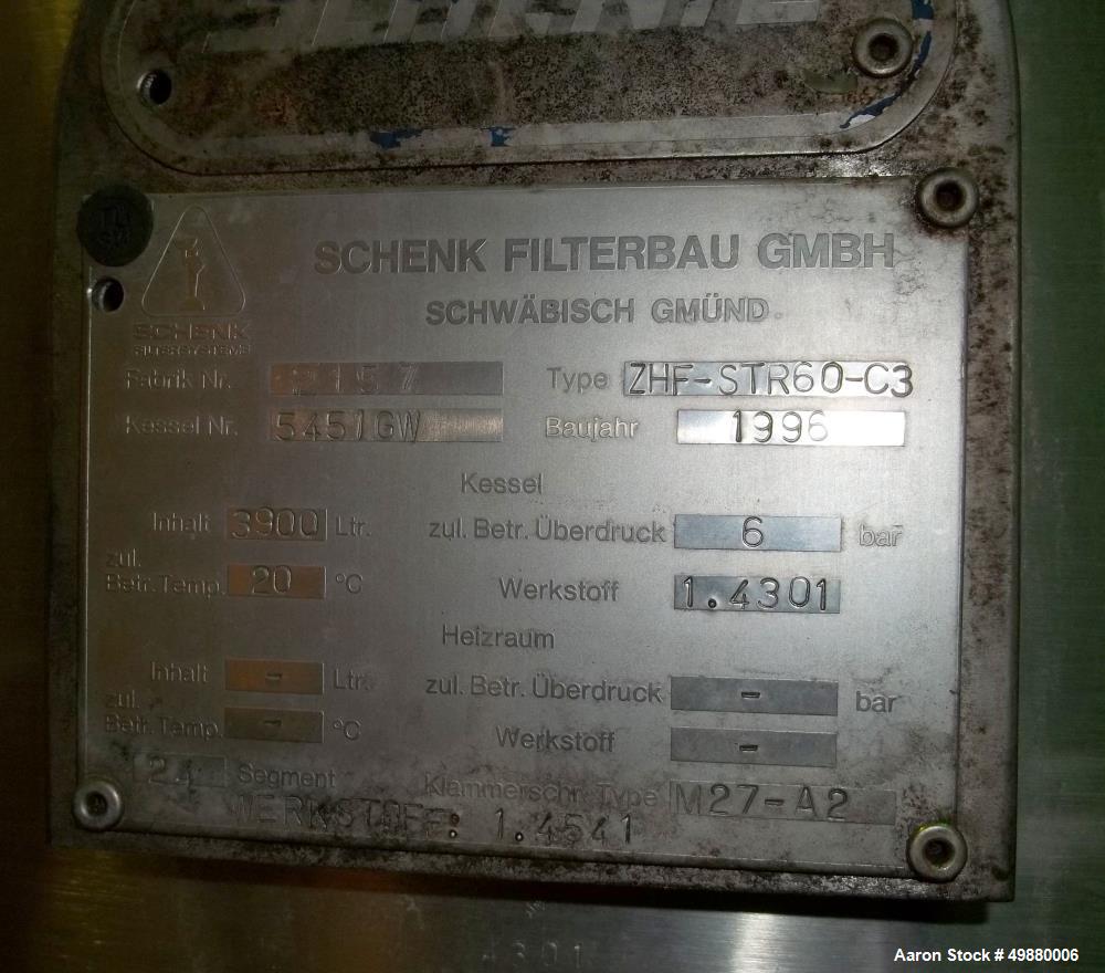 Used Schenk Kieselgur" filtration system, type HF-STR60-C3. 304 stainless steel on product contact parts. 500 HL capacity. Complete with infrastructure. Serial # 2157. New 1996. Incl. tank and instrs...