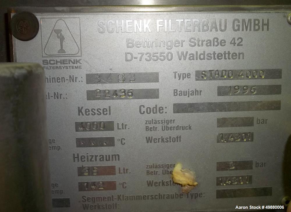 Used Schenk Kieselgur" filtration system, type HF-STR60-C3. 304 stainless steel on product contact parts. 500 HL capacity. Complete with infrastructure. Serial # 2157. New 1996. Incl. tank and instrs...