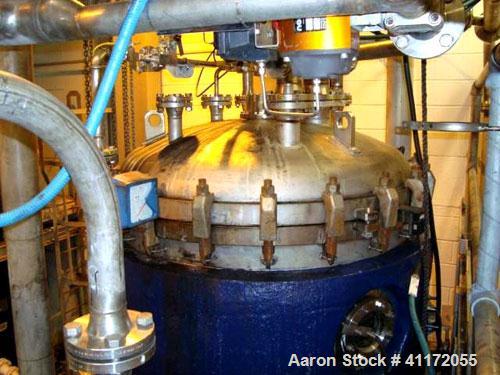 Used Schenk Centrifugal Discharge Pressure Filter, Type ZHF-SR30-KLK-C3, Stainless Steel. Approximately 60 square feet filtration area. Clamp dished top and bottom heads. Vessel capacity approximatel...