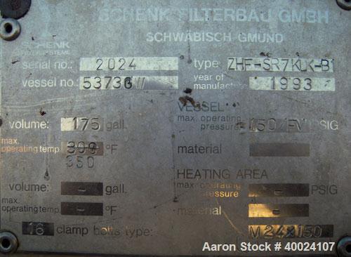 Used Stainless Steel Schenk Centrifugal Discharge Pressure Filter, Model ZHF-SR7-KLKB1
