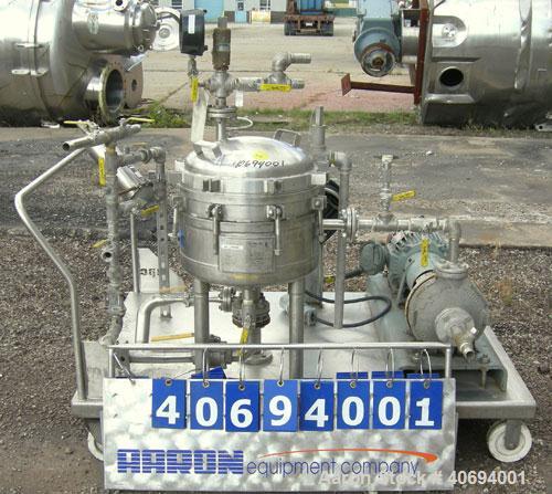 Used Sparkler Horizontal Plate Filter, model 14-D-4, 316 stainless steel. Approximate 3.2 square feet filter area, .38 cubic feet cake capacity, 220 gallons per hour. Vertical jacketed tank 16" diame...