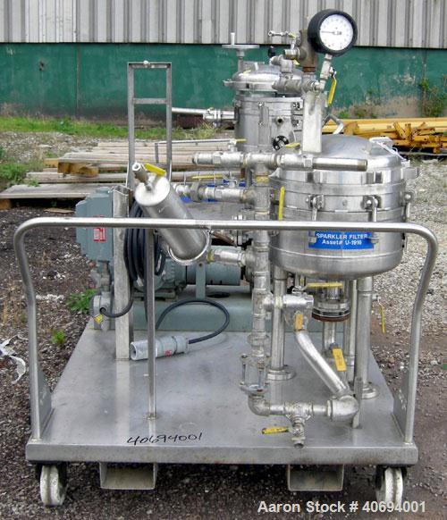 Used Sparkler Horizontal Plate Filter, model 14-D-4, 316 stainless steel. Approximate 3.2 square feet filter area, .38 cubic feet cake capacity, 220 gallons per hour. Vertical jacketed tank 16" diame...
