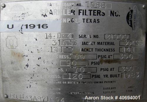 Used Sparkler Horizontal Plate Filter, model 14-D-4, 316 stainless steel. Approximate 3.2 square feet filter area, .38 cubic feet cake capacity, 220 gallons per hour. Vertical jacketed tank 16" diame...