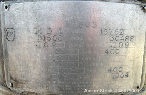 Used Sparkler Horizontal Plate Filter, Model 14-D-4, 316 stainless steel. Approximate 3.52 square feet filter area, .445 cubic feet cake capacity, 220 gallons per hour. Vertical jacketed tank 16" dia...