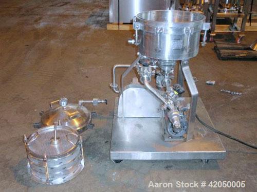 Used Sparkler Horizontal Plate Filter, model 14-D-4, 316 stainless steel. Approximately 3.52 square feet filter area, .445 cubic feet cake capacity, 220 gallons per hour. Vertical non-jacketed tank 1...