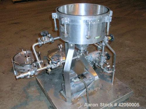 Used Sparkler Horizontal Plate Filter, model 14-D-4, 316 stainless steel. Approximately 3.52 square feet filter area, .445 cubic feet cake capacity, 220 gallons per hour. Vertical non-jacketed tank 1...
