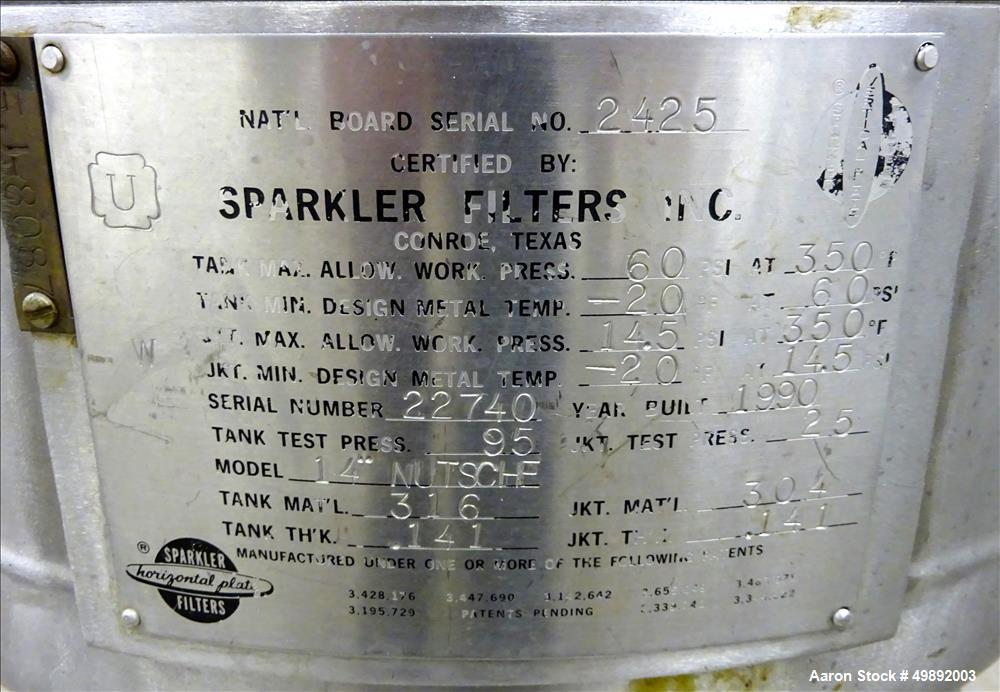 Used Sparkler Filter Inc. Plate Filter, Model 14" Nutsche, 316 Stainless Steel.