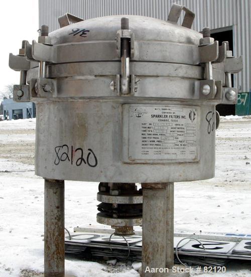 USED: Sparkler horizontal plate filter, model 14-S-7, 316 stainless steel. 5.6 sq ft filter area, .38 cu ft cake capacity, 400 gallons per hour. Vertical, non-jacketed tank 16" diameter x 8" deep, in...