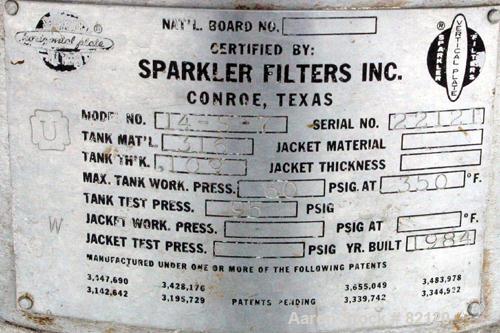 USED: Sparkler horizontal plate filter, model 14-S-7, 316 stainless steel. 5.6 sq ft filter area, .38 cu ft cake capacity, 400 gallons per hour. Vertical, non-jacketed tank 16" diameter x 8" deep, in...