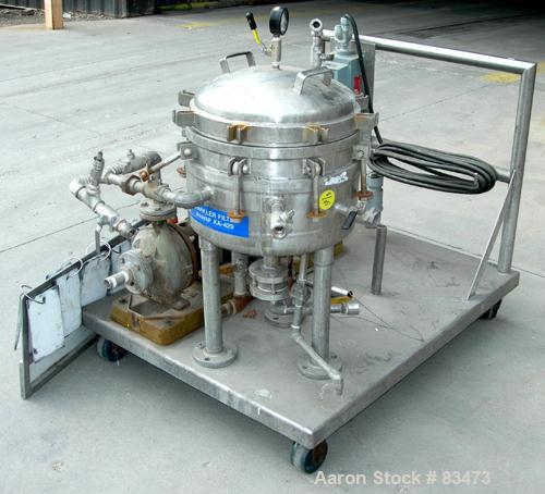 USED: Sparkler horizontal plate filter, model 14-S-7, 316 stainless steel. 5.6 sq ft filter area, .38 cu ft cake capacity, 400 gallons per hour. Vertical jacketed tank 16" diameter x 8" deep, rated 1...