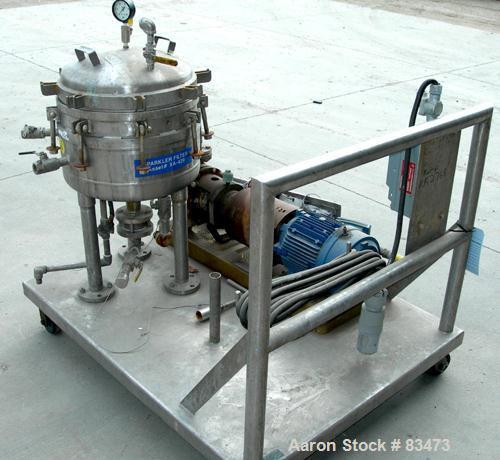 USED: Sparkler horizontal plate filter, model 14-S-7, 316 stainless steel. 5.6 sq ft filter area, .38 cu ft cake capacity, 400 gallons per hour. Vertical jacketed tank 16" diameter x 8" deep, rated 1...