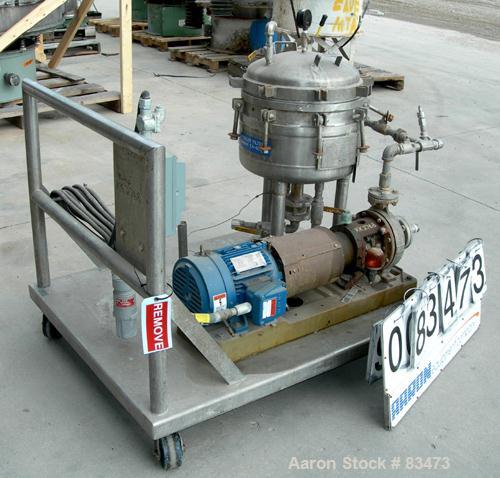 USED: Sparkler horizontal plate filter, model 14-S-7, 316 stainless steel. 5.6 sq ft filter area, .38 cu ft cake capacity, 400 gallons per hour. Vertical jacketed tank 16" diameter x 8" deep, rated 1...