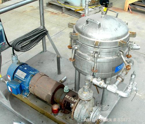 USED: Sparkler horizontal plate filter, model 14-S-7, 316 stainless steel. 5.6 sq ft filter area, .38 cu ft cake capacity, 400 gallons per hour. Vertical jacketed tank 16" diameter x 8" deep, rated 1...