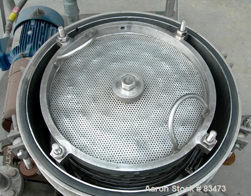 USED: Sparkler horizontal plate filter, model 14-S-7, 316 stainless steel. 5.6 sq ft filter area, .38 cu ft cake capacity, 400 gallons per hour. Vertical jacketed tank 16" diameter x 8" deep, rated 1...