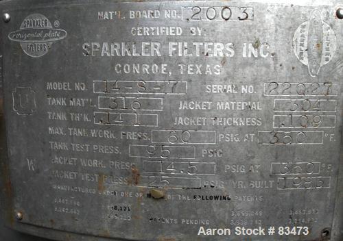 USED: Sparkler horizontal plate filter, model 14-S-7, 316 stainless steel. 5.6 sq ft filter area, .38 cu ft cake capacity, 400 gallons per hour. Vertical jacketed tank 16" diameter x 8" deep, rated 1...
