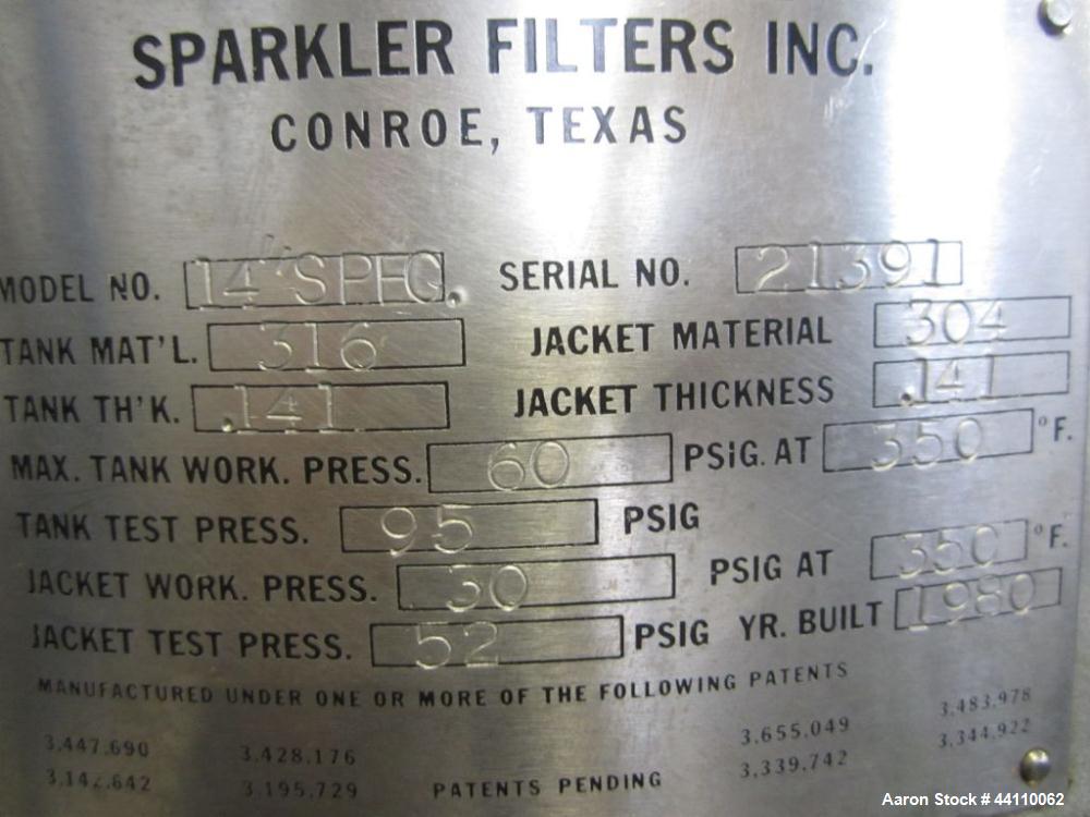 Used Sparkler Filter, 316/304 SS, 14" Spec, ??? Sq. Ft. Built 1980, S # 21394, NB # 1693, rated 60 @ 350 internal, 30 @ 350 jacket