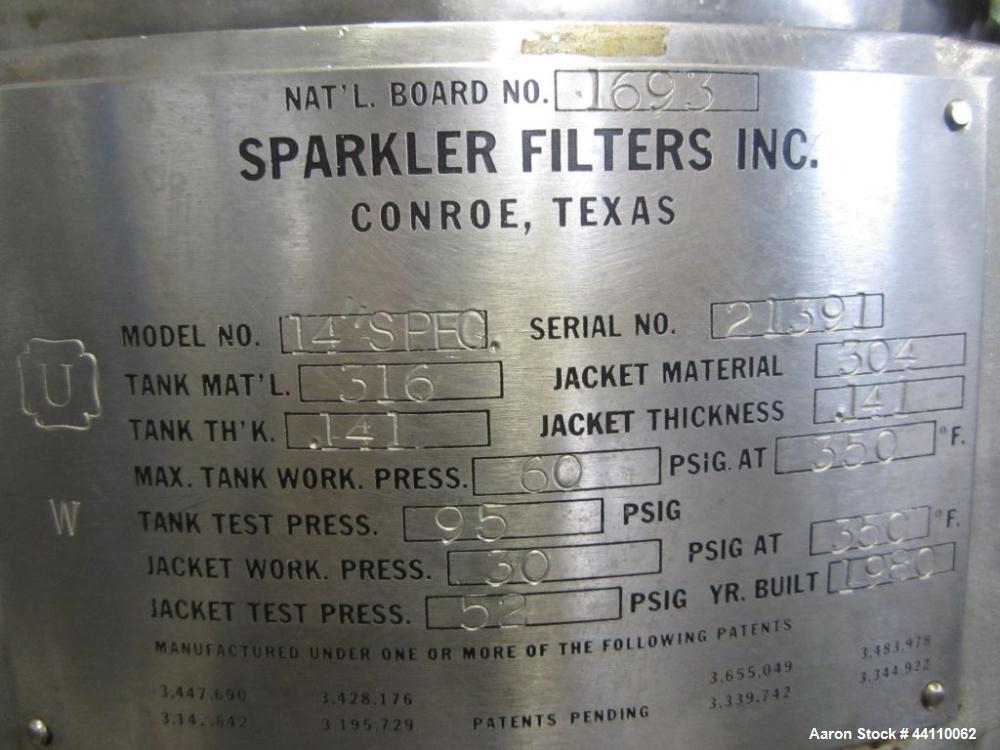Used Sparkler Filter, 316/304 SS, 14" Spec, ??? Sq. Ft. Built 1980, S # 21394, NB # 1693, rated 60 @ 350 internal, 30 @ 350 jacket