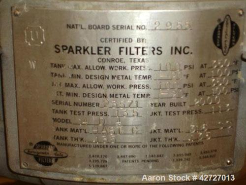 Used Sparkler Filter, Model 14D4, Hastelloy C. 3.52 Square feet surface area, .445 cubic feet cake capacity, rated 100 psi at 350 F internal, 316 stainless steel jacket rated 100 psi at 350 F, (4) 14...