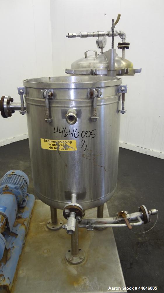 Used Sparkler Filter, Model 18 D 10, approximately 16 square feet, 316 stainless steel.  Internal rated 60 psi at 350 degrees F, jacket rated 30 psi at 350 degrees F.  Mounted on 3 legs on a base wit...