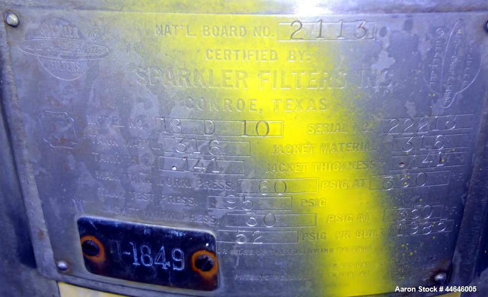 Used Sparkler Filter, Model 18 D 10, approximately 16 square feet, 316 stainless steel.  Internal rated 60 psi at 350 degrees F, jacket rated 30 psi at 350 degrees F.  Mounted on 3 legs on a base wit...