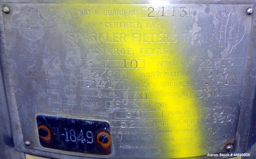 Used Sparkler Filter, Model 18 D 10, approximately 16 square feet, 316 stainless steel.  Internal rated 60 psi at 350 degrees F, jacket rated 30 psi at 350 degrees F.  Mounted on 3 legs on a base wit...