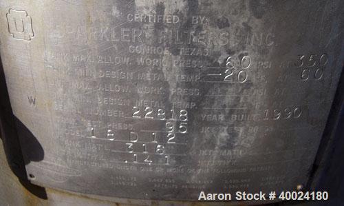Used Sparkler Horizontal Plate Filter, Model 18-D-12, 316 stainless steel. 19.32 square feet filter area, 2.3 cubic feet cake capacity. Vertical non-jacketed tank 20" diameter x 22" deep, internal ra...