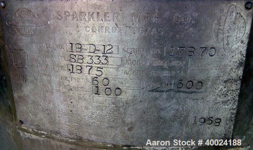 Used Sparkler Filter Horizontal Plate Filter, Model 18-D-12, Hastelloy SB333. 11.27 square feet filter area, 1.35 cubic feet cake capacity. Vertical non-jacketed tank 20" diameter x 22" deep, interna...