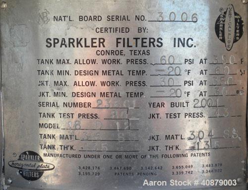 Used Sparkler Horizontal Plate Filter, Model 18-D-12, 316 Stainless Steel. Approximately 19.32 square feet filter area, 2.3 cubic feet cake capacity. Vertical tank 20" diameter x 25" deep, internal r...