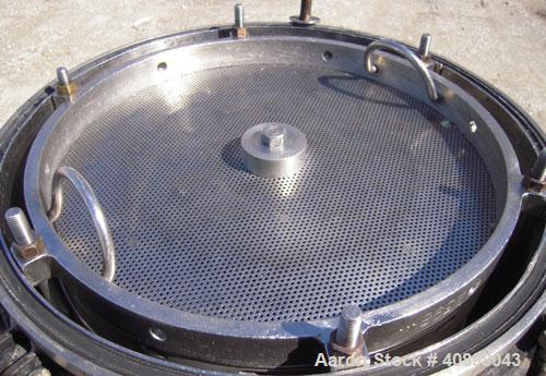 Used Sparkler Horizontal Plate Filter, Model 18-D-12, 316 Stainless Steel. Approximately 19.32 square feet filter area, 2.3 cubic feet cake capacity. Vertical tank 20" diameter x 25" deep, internal r...