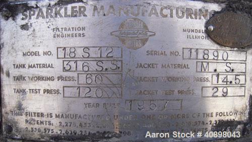 Used Sparkler Horizontal Plate Filter, Model 18-D-12, 316 Stainless Steel. Approximately 19.32 square feet filter area, 2.3 cubic feet cake capacity. Vertical tank 20" diameter x 25" deep, internal r...