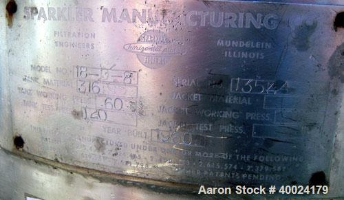 Used Sparkler Filter Horizontal Plate Filter, Model 18-D-8, 316 stainless steel. 12.3 square feet filter area, 1.8 cubic feet cake capacity, 650 gallons per hour. Vertical non-jacketed tank 20" diame...