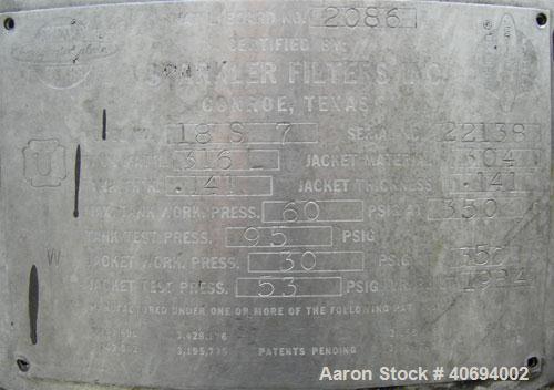 Used Sparkler Filter Horizontal Plate Filter, model 18-S-7, 316L stainless steel. Approximate 10.8 square feet filter area, .67 cubic feet cake capacity, 550 gallons per hour. Vertical jacketed tank ...