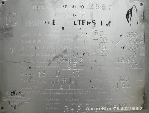 Used Sparkler Filters Inc horizontal plate filter, model 18D10, 316L stainless steel.  Approximate 12.81 square foot filter area, rated 1 gpm per square foot of filter area.  20" diameter x 24 1/2" d...