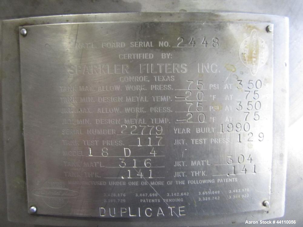 Used Sparkler Filter, 316/304 SS, Model 18D4, Built 1990, S # 22779, NB # 2448, Internal rated 75 @ 350 Jacket rated 75 @ 350.