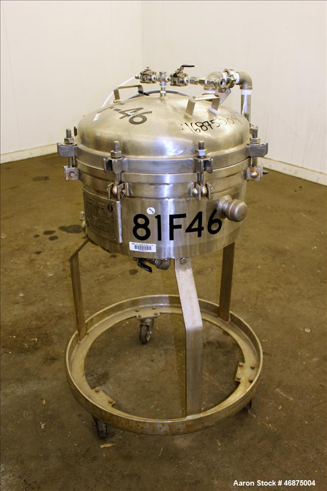 Used Sparkler Filter Pressure Leaf Filter, Model 18D4, 316L Stainless Steel, Vertical. 6.44 Square feet filter area, 0.776 cubic feet cake capacity (No Plates). Approximate 20" diameter x 8.5" straig...